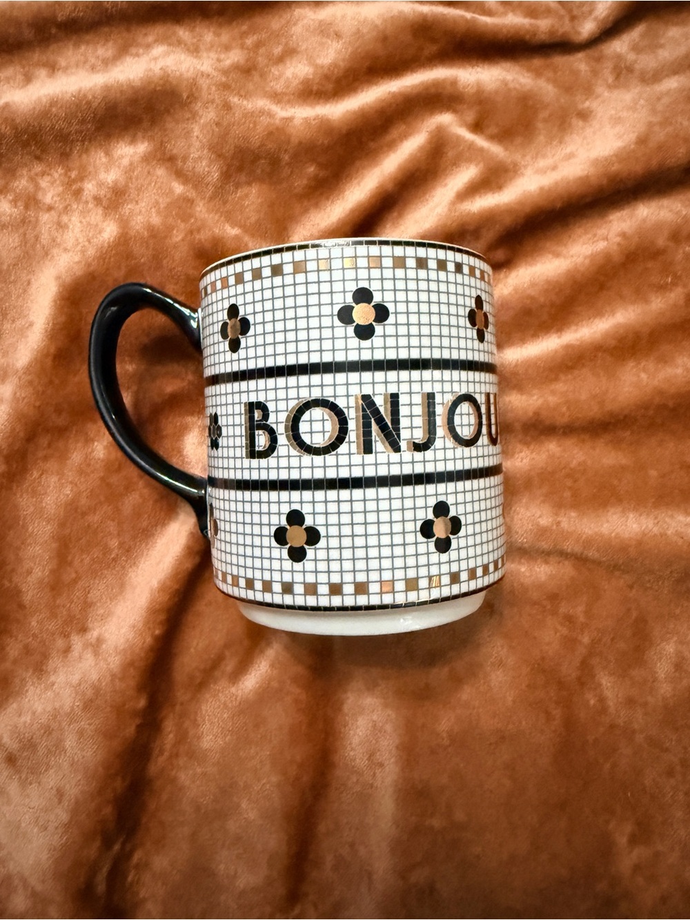 Anthropologie Bistro Tile Bonjour Mug in Black, White and Gold EUC